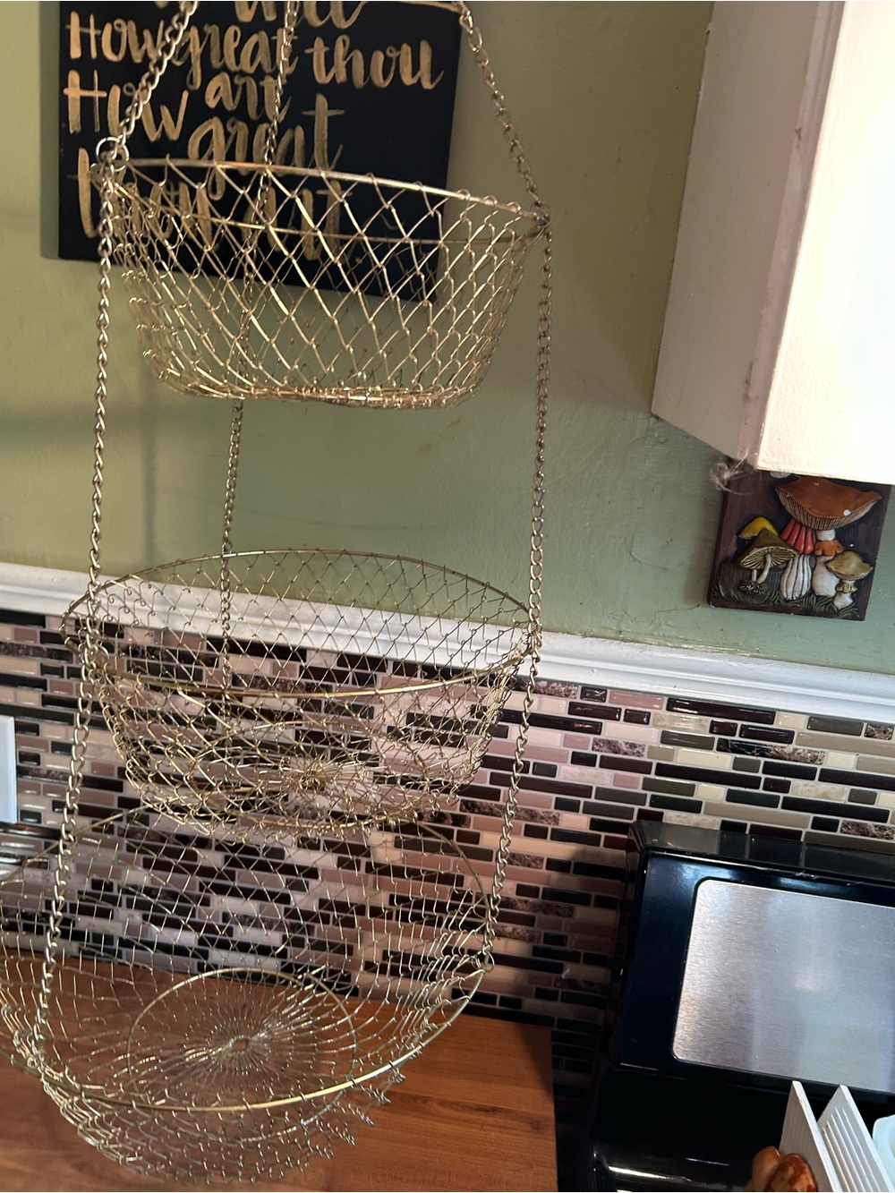 Vintage Three-Tier Hanging Wire Fruit Basket - Gold